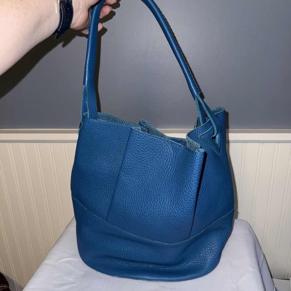 Teal Blue Slouchy Bucket Pebbled Leather Handbag Purse Detachable Pouch
